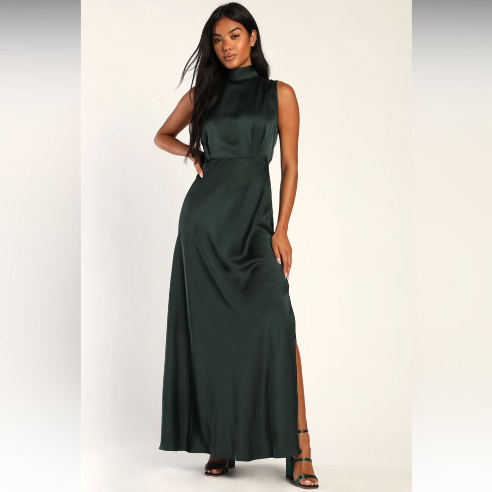 Lulu’s Classic Elegance Green Satin Sleeveless Mock Neck Maxi Dress in XL
